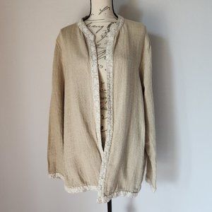 CP Shades Sausalito 100%Linen Embroidered Trim Open Jacket Pocket Natural-Beige